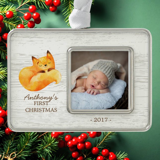 Woodland Fox Baby's 1. Weihnachts-Foto Ornament Rahmen-Ornament Silber (Von Creator hochgeladen)