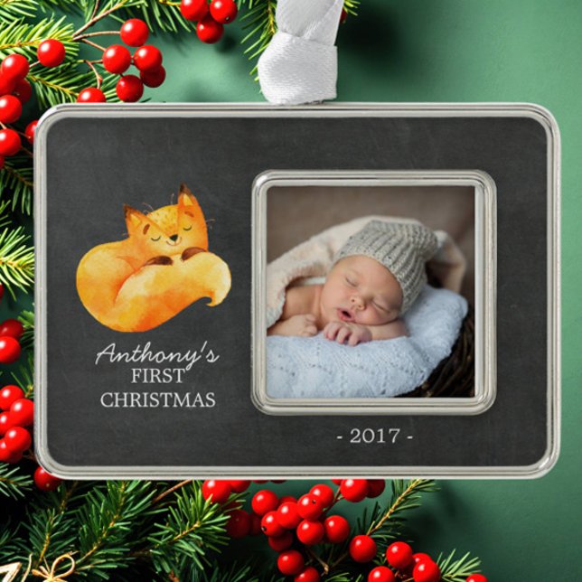 Woodland Fox Baby's 1. Weihnachts-Foto Ornament Rahmen-Ornament Silber (Von Creator hochgeladen)
