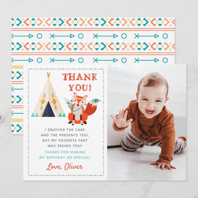 Woodland Fox Boho Birthday Foto Dankeschön Karte (Vorne/Hinten)