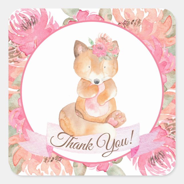 Woodland Fox Boho Pink BläserBaby Dusche Quadratischer Aufkleber (Vorderseite)