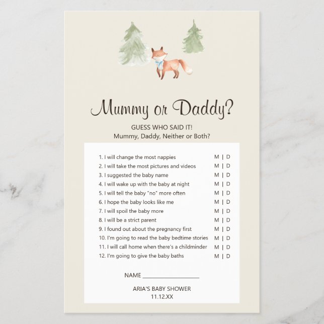 Woodland Fox Boy Baby Shower Mummy or Daddy Game Flyer (Vorne)