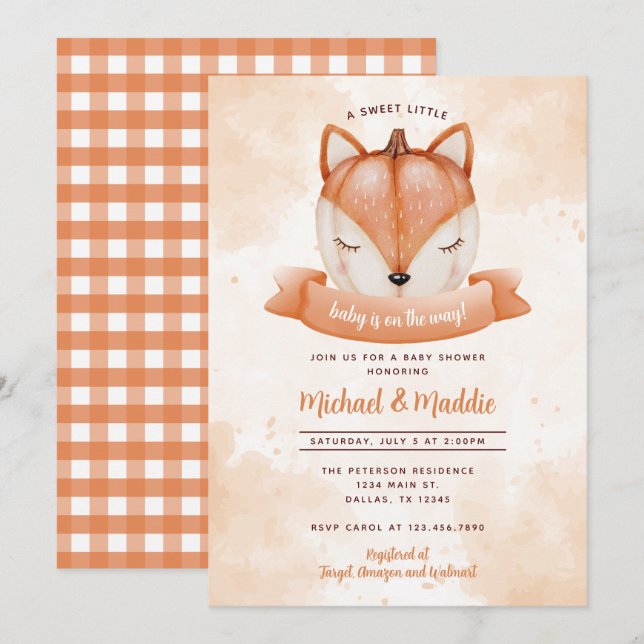 Woodland Fox Citrouille Baby shower Invitation d'i (Devant / Derrière)