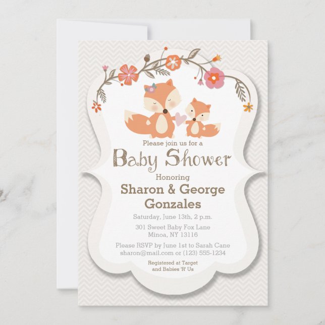 Woodland Fox Floral Baby Dusche Einladung (Vorderseite)