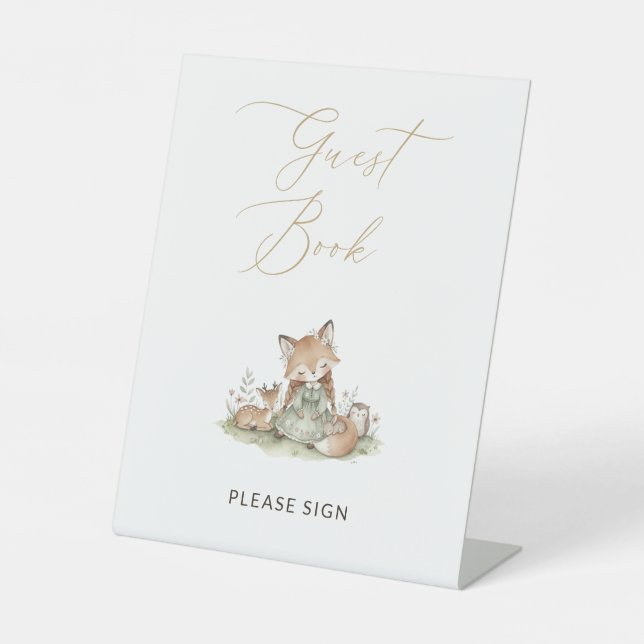 Woodland Fox Girl Guest Book Baby Shower Sockelschild (Vorderseite)