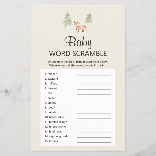 Woodland Fox Girl Shower Baby Word Scramble Game Flyer (Vorne)