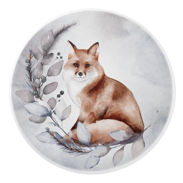 Woodland Fox Gray Blätter Winter Watercolor Keramikknauf (Vorderseite)