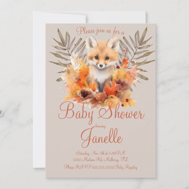 Woodland Fox Greenery Watercolor Babydusche Einladung (Vorderseite)
