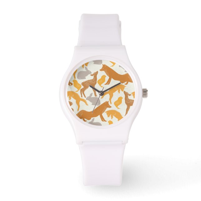 Woodland Fox Hare Chicken Orange Herbstmuster Armbanduhr (Vorderseite)