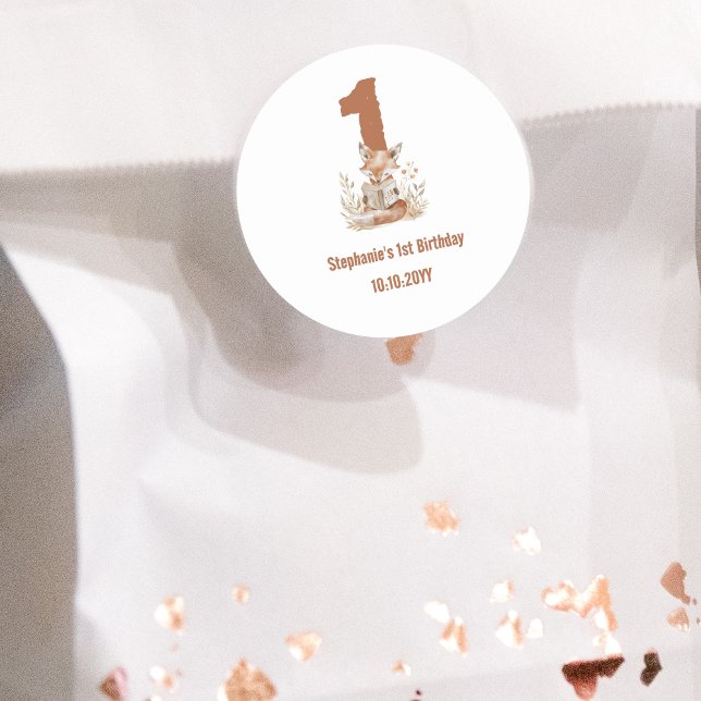 Woodland Fox Lesen eines Buches 1. Geburtstag Part Runder Aufkleber (Von Creator hochgeladen)