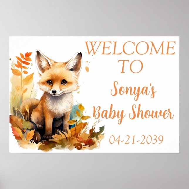 Woodland Fox Niedliche Babydusche Begrüßung Poster (Vorne)