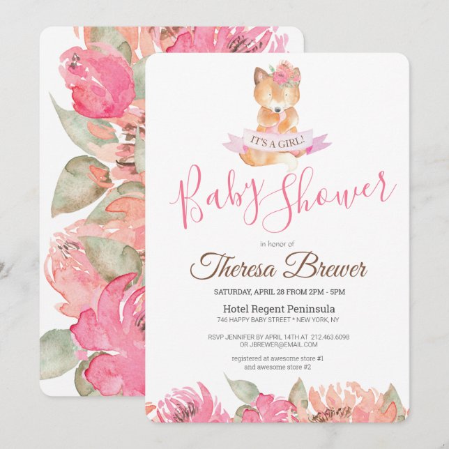 Woodland Fox Pink Aquarell Blumenspülung Dusche Einladung (Vorne/Hinten)