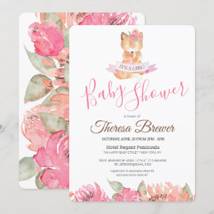 Woodland Fox Pink Aquarell Blumenspülung Dusche Einladung