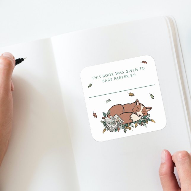 Woodland Fox Storybook Baby Buchzeichen Quadratischer Aufkleber (Woodland Storybook Baby Shower Bookplate )