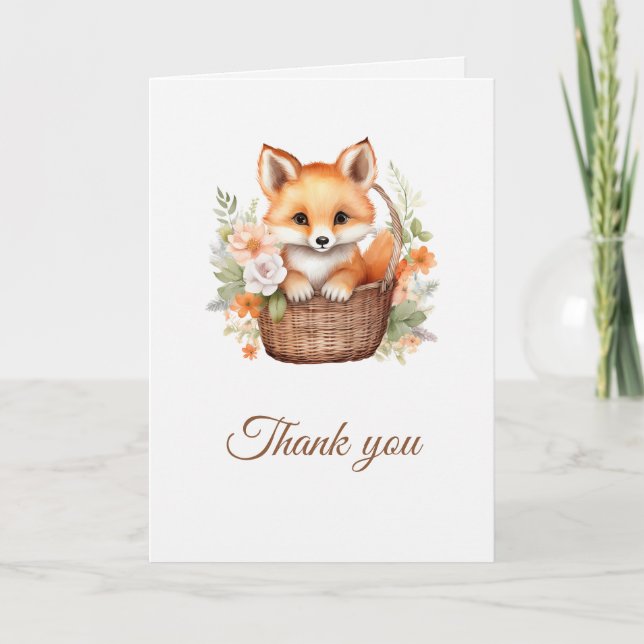 Woodland Fox Watercolor Florals Folded Dankeskarte (Vorderseite)