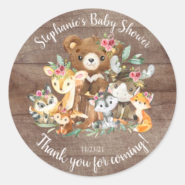 Woodland Friends Baby Dusche Gefallen Runder Aufkleber (Vorderseite)