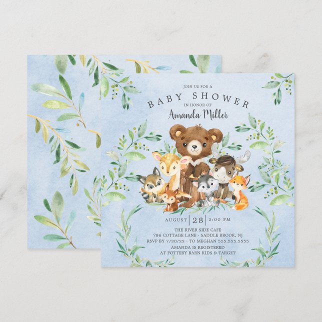 Woodland Friends Boys Kinderdusche Einladung (Vorne/Hinten)