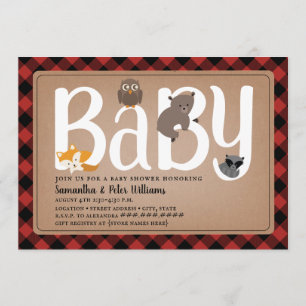 Woodland Friends Buffalo Karierte Babydusche Einladung