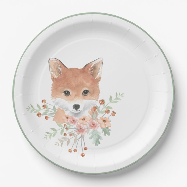 Woodland Friends Fox Blumengrün Pappteller (Vorderseite)