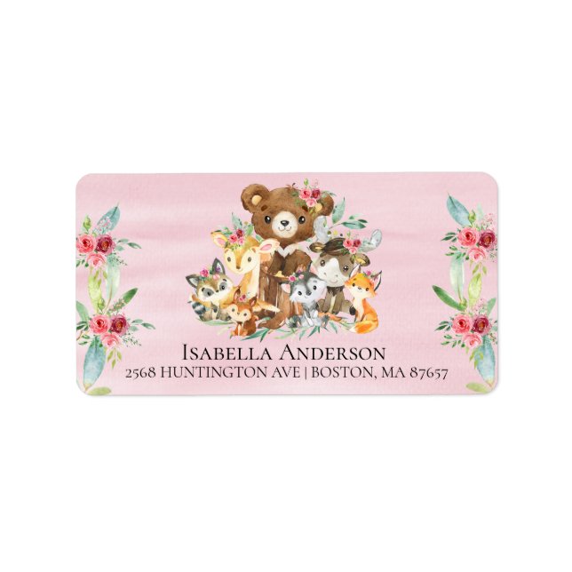 Woodland friends Girls Baby Shooting Address Label Adressaufkleber (Vorne)