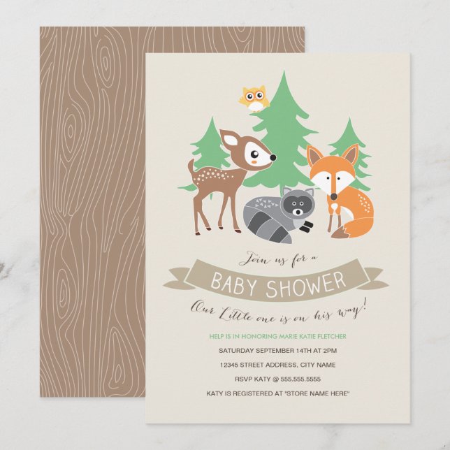 Woodland Friends Kinderdusche einladen Einladung (Vorne/Hinten)