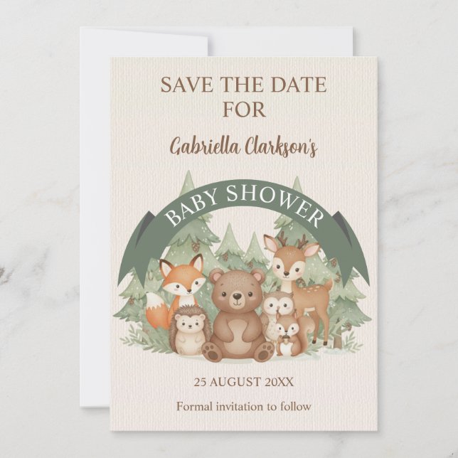 Woodland Friends Kinderdusche Save the Date Einladung (Vorderseite)