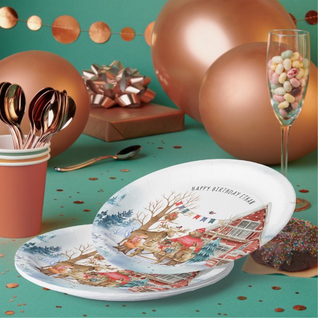 Woodland Friends Winter Weihnachten Geburtstagspar Pappteller (Multi)