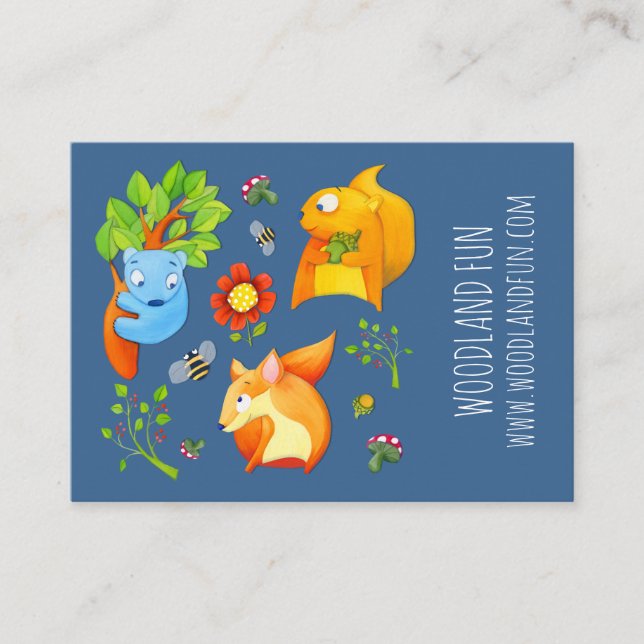 Woodland Fun blue Kids Party Planer Business Card Visitenkarte (Vorderseite)