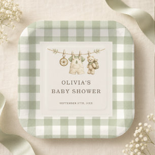 Woodland Gingham Salbei Grün Baby Shower Pappteller
