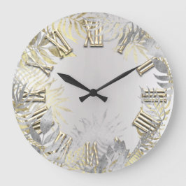 Woodland Golden Fern Gray Silver Roman Numbers Große Wanduhr