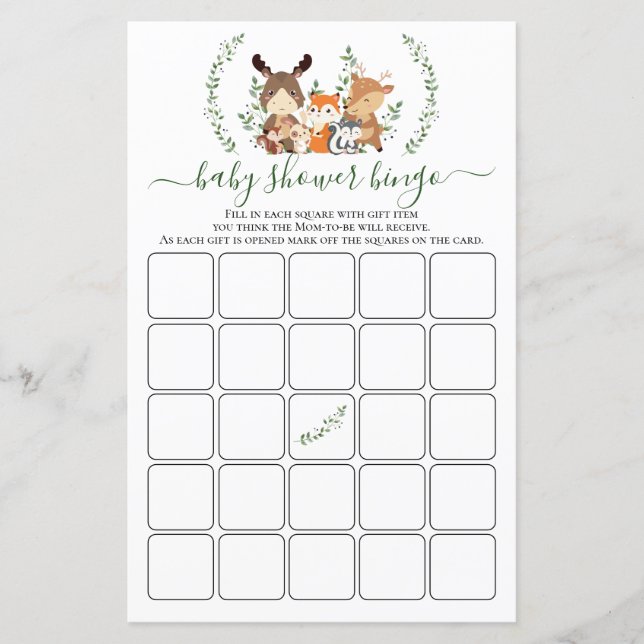Woodland Green Baby Animals Dusche Bingo Game Card (Vorderseite)