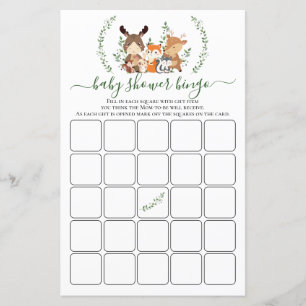 Woodland Green Baby Animaux Douche Bingo Carte de 