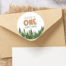 Woodland Green Rustic Happy Camper First Birthday Runder Aufkleber
