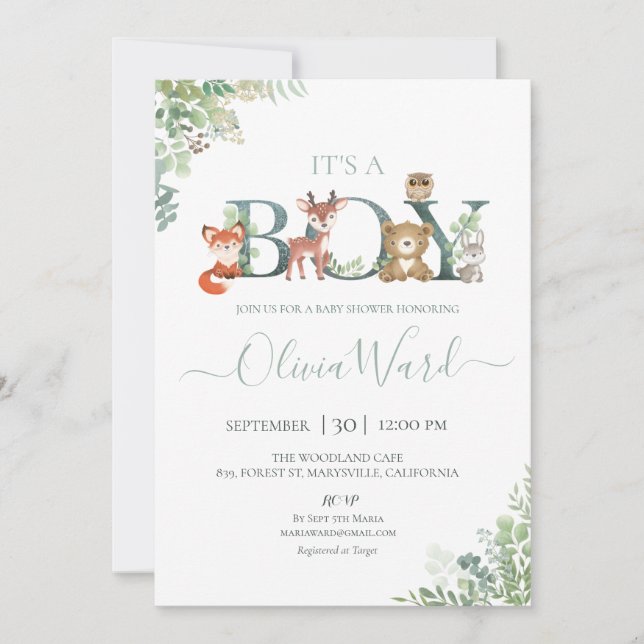 Woodland Greenery Baby Shower Boy Einladung (Vorderseite)