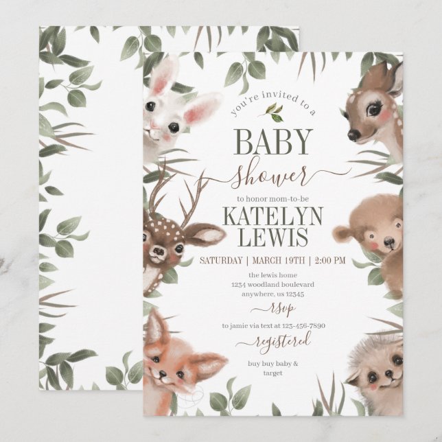 Woodland Greenery Baby Shower Einladung (Vorne/Hinten)