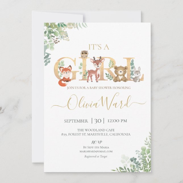 Woodland Greenery Baby Shower Girl Einladung (Vorderseite)