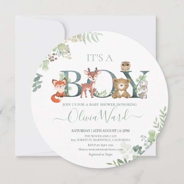 Woodland Greenery Baby shower Invitation garçon (Devant)