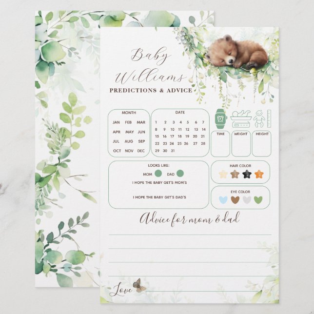 Woodland Greenery Baby Shower Predictions Spiel (Vorne/Hinten)