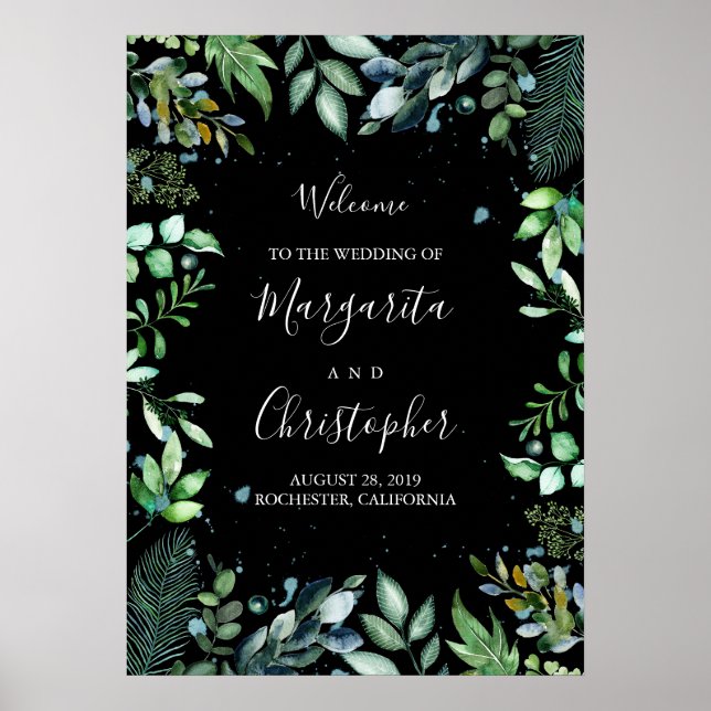 Woodland Greenery Mariage noir Affiche de bienvenu (Devant)