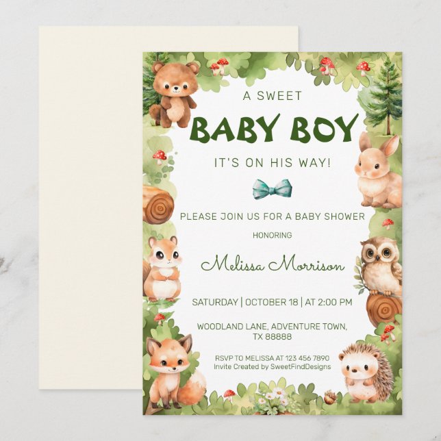 Woodland Greenery Sweet Baby Boy Dusche Einladung (Vorne/Hinten)