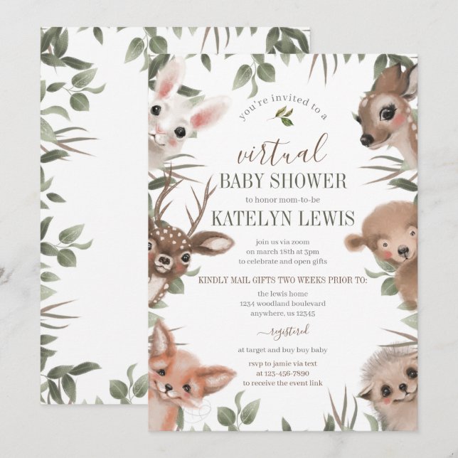 Woodland Greenery Virtual Baby Shower Einladung (Vorne/Hinten)