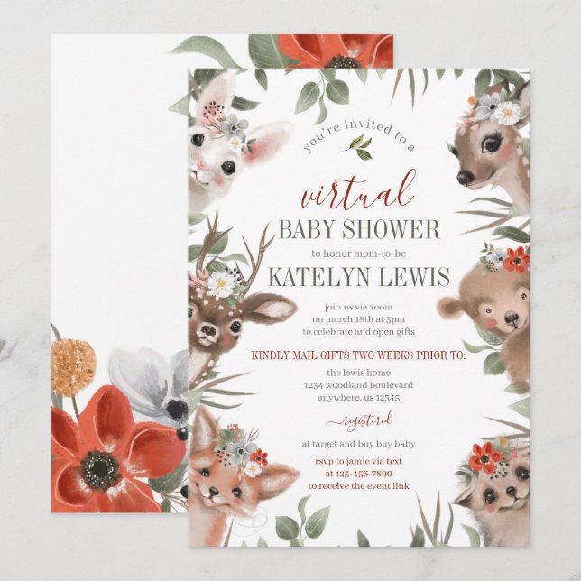 Woodland Greenery Virtual Baby Shower Einladung (Vorne/Hinten)