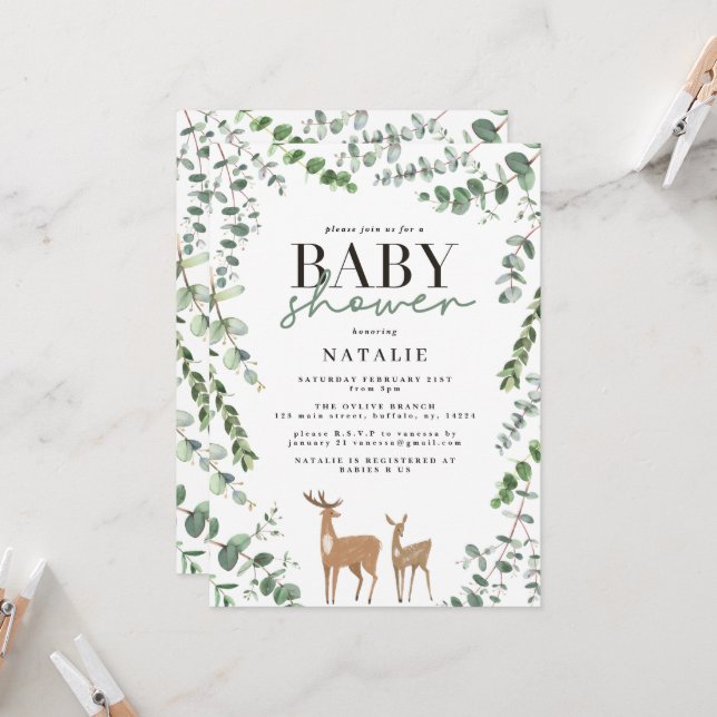 Woodland Hirsche eucalyptus moderne Babydusche inv Einladung (Vorderseite/Rückseite Beispiel)