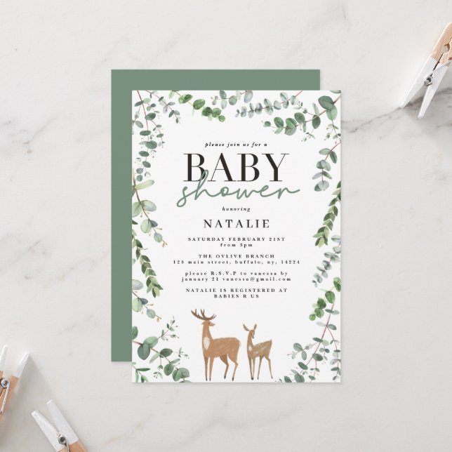 Woodland Hirsche Eukalyptus moderne Babydusche Einladung (Vorderseite/Rückseite Beispiel)