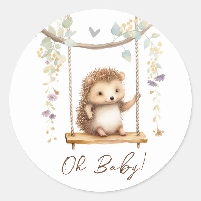 Woodland Igel Floral Oh Babydusche Runder Aufkleber (Vorderseite)