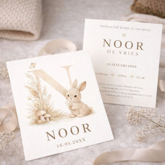 Woodland Konijntje Monogram N Neutraal Geboorte Karte