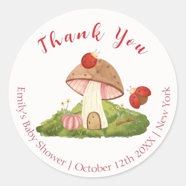 Woodland Ladybug Mushroom Babydusche Vielen Dank Runder Aufkleber (Vorderseite)