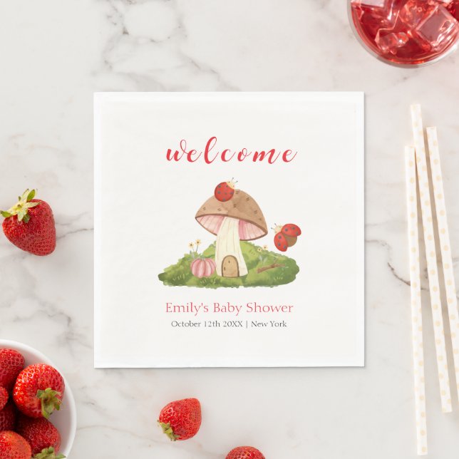 Woodland Ladybug Mushroom Babydusche Willkommen Serviette (Beispiel)