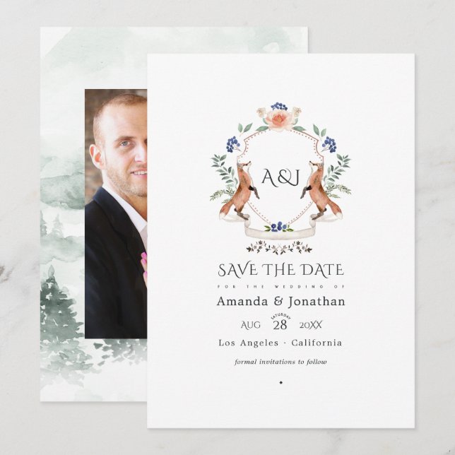 Woodland Laurel Wappen Monogram Wedding Foto Save The Date (Vorne/Hinten)