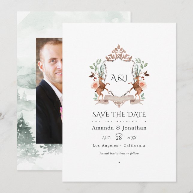 Woodland Laurel Wappen Monogram Wedding Foto Save The Date (Vorne/Hinten)