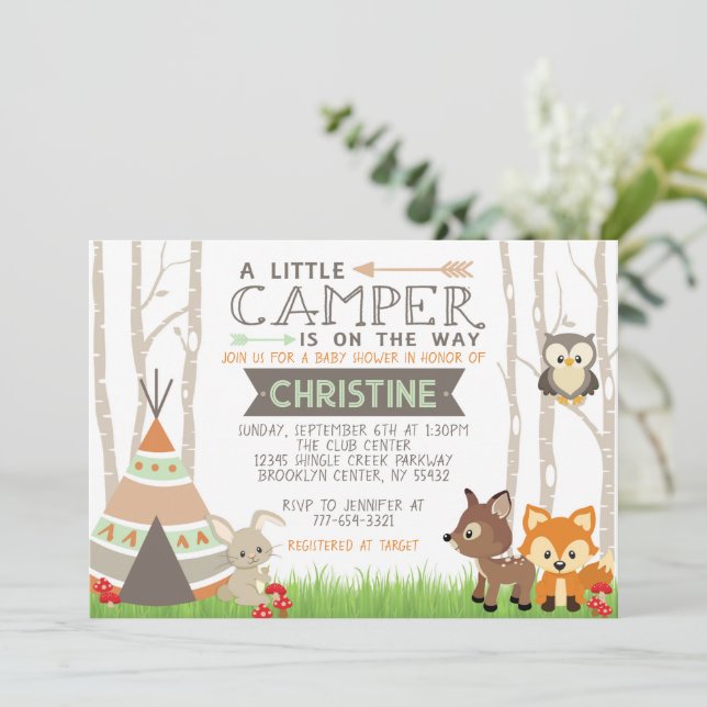 Woodland Little Camper Forest Animals Kinderdusche Einladung (Stehend Vorderseite)